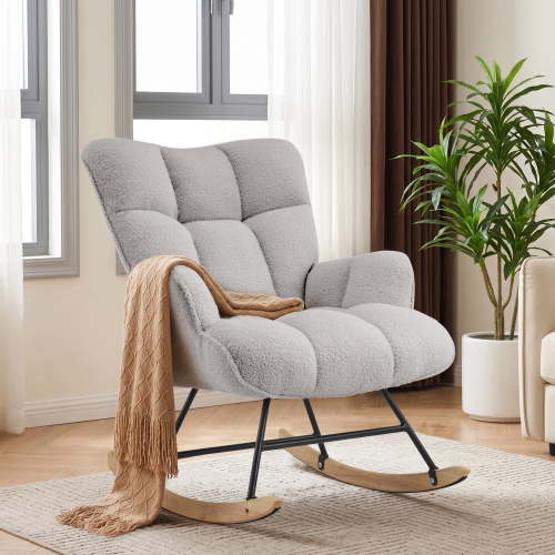 AUNEKIV Nursery Rocking Chair, Teddy Accent Armchair with High Backrest, Upholstered Glider Rocker for Living Room, Bedrooms, Playroom, Grey