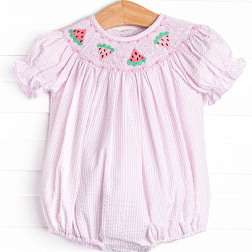 Scalloped Slices Smocked Bubble, Pink Seersucker – Stitchy Fish