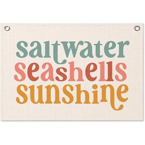 Boho Summer Beach Banner Canvas Wall Hanging, Saltwater Seashells Sunshine Coastal Ocean Wall Art Decor Hanging Banner Flag for Beach House Cabin Bedroom Home, 20x30 Inch