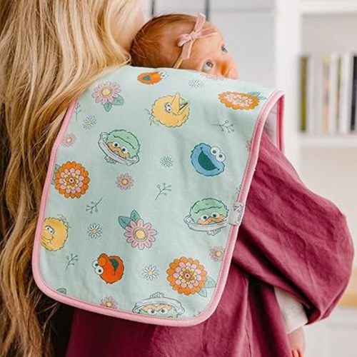 Copper Pearl Baby Burp Cloths 3 Pack, Cotton Burp Cloths, Absorbent Spit Up Rags, Sesame Street Retro Floral Set