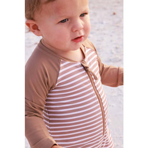 Long Sleeve Rash Guard Swim Romper Shortie | Sandy Stripes