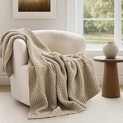 EVERGRACEHOME Chunky Chenille Knit Throw Blanket, 50 x 60, Sand Dune