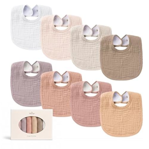 Konssy 8-Pack Muslin Baby Bibs, Adjustable Fit for Drooling and Teething