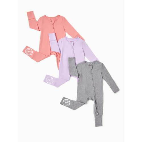 Bamboo Baby Boy / Girl 3-Pack Solid&Rainbow Printed 2-Way Zip Romper Anti Slip Long-sleeve Footie Purple