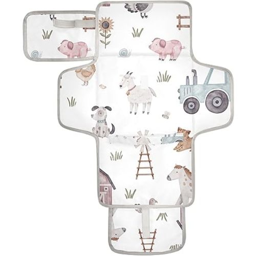Farm House Animals Portable Diaper Changing Pad - Waterproof Foldable Baby Diaper Changing Pad with Built-in Pillow, Travel Diaper Changing Mat for Newborn Baby