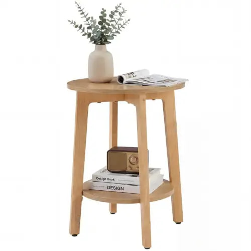 Sweetcrispy 2-Tier Circular Dual-Use Nightstand End Table, 15.75" Diam × 20.28" H Modern Natural Wood Furniture with Tapered Legs, Curved Transitions for Small Spaces in Apartment Living Room, 2-Tier End Table