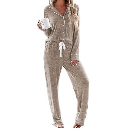 Ekouaer Women's Pajamas Long Sleeve Loungewear Casual Button Down Pjs | Soft Sleepwear,Notch Collar,Elastic Waist Pants with Side Pockets,Adjustable Drawstring,Pajama Party,Maternity,Postpartum