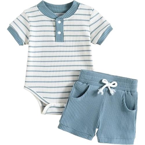 Baby Boy Outfits Ribbed Short Sleeve Striped Romper Top Solid Shorts with Pocket Baby Boy Summer Clothes 0-18M