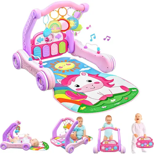 Move2Play, 4-in-1 Baby Play Mat & Activity Center Gym | Walker | Infant Toy for Tummy Time | Birthday Gift for 3, 4, 5, 6, 7, 8, 9, 10, 12 + Month Old Boys & Girls (Pink)