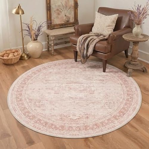 GENIMO 5FT Round Area Rugs for Living Room, Pink Vintage Washable Rugs