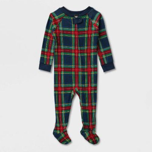 Baby Holiday Plaid Cotton Matching Family Footed Pajamas - Wondershop™​​​​​​​ Navy 3-6M