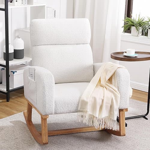 HCHAIRH Rocking Chair Nursery, Sherpa Nursing Rocking Armchair for Mom Nursery Morden Rocker Chair with High Backrest for Living Room,Bedroom,Teddy White