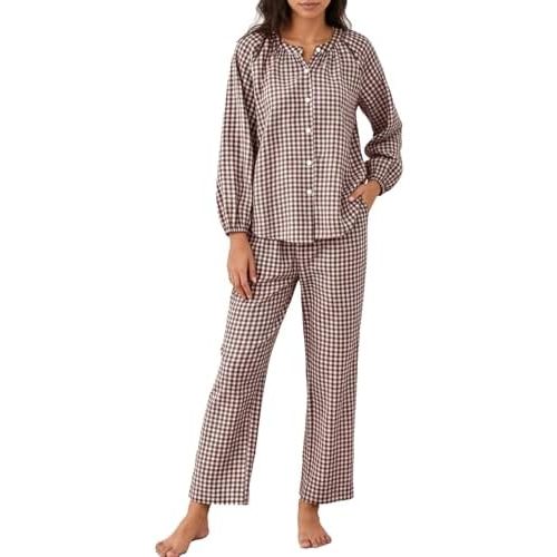 Flygo Womens Gingham Pajama Set 2 Piece Cotton Plaid Raglan Sleeve Button Top Straight Leg Pants Pjs Y2K Lounge Set Sleepwear