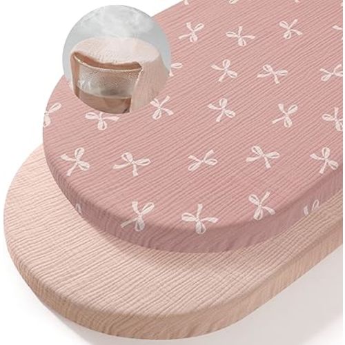 Basumee Muslin Bassinet Sheets for Baby Girl Boy 2 Pack Soft Breathable Baby Bedside Bassinet Fitted Sheets with Bottom Elastic Band Mattress Cover for Rectangle Oval Hourglass Bassinets