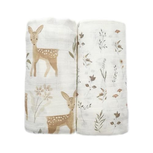Ultra-Soft Organic Muslin Swaddle Blankets – 70% Viscose from Bamboo & 30% Cotton, 2-Pack – Gentle, Breathable, Lightweight, Soft Muslin – 47 x 47 inch, Soft Baby Wraps (Baby Deer&Meadow Magic)