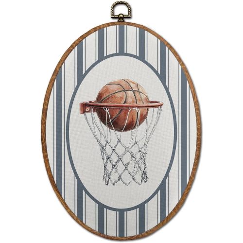 S GDNAMR Basketball Nursery Oval Wall Art Decor, Basketball Room Decor for Boys, Vintage Blue Striped Sports Wall Canvas Prints Pictures Posters for Kids Bedroom Playroom, 8.6x11.4 Inches