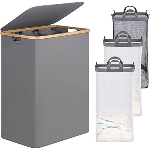 efluky Laundry Hamper with Lid, Trio Laundry Hamper with 3 Removable Bags, 3 Section Laundry Basket with Bamboo Handles for Bathroom, Bedroom & Laundry Room, 160L Silver Grey