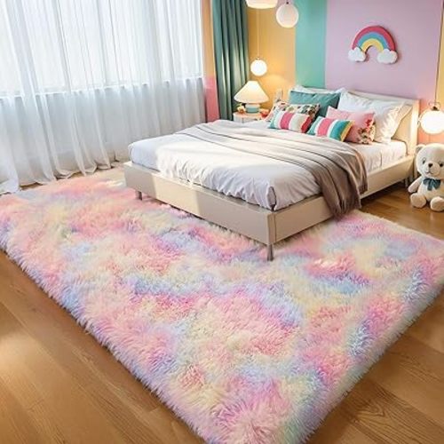 Thick Area Rug 6x9 Unicorn Fluffy Shag for Girls Bedroom Living Room, Rainbow Soft Plush Fuzzy Washable Thickened Non-Slip Shaggy Pastel Large Carpet for Princess Kids Nursery Boys Dorm Room
