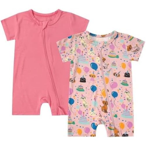 Teach Leanbh Unisex 2 Pack Bamboo Viscose Pajamas 2 Way Zipper Short Sleeve Printed Romper Jumpsuit Sleep and Play