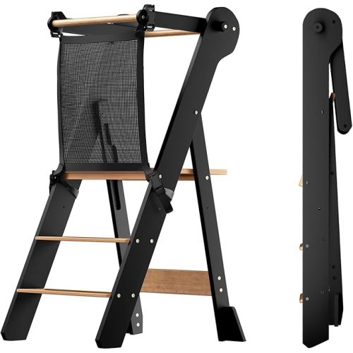 COSYLAND Foldable Toddler Standing Tower - Adjustable Height Folding Step Stool Kid Toddler Kitchen Stool for Learning and Cooking - Ages 18 Months to 6 Years with Safety Net Natural & Charcoal