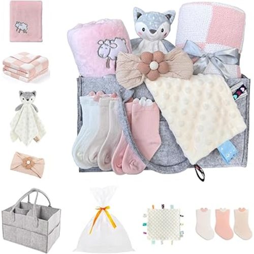 CREVENT Gift Set for Girls -Diaper Caddy Organizer Basket with 2 Blankets, 1 Taggie, 1 Lovey, 3 Socks，1 Headband，1 Gift Bag with Ribbon - Newborn Essential Baby Shower (Pink)