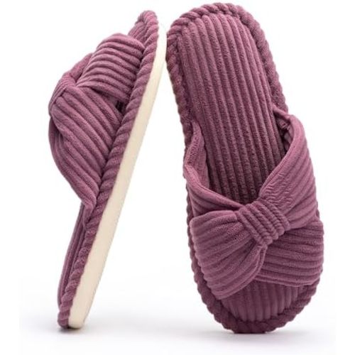 Chantomoo Slippers for Women Memory Foam House Womens Slipper Slides Home Bedroom Bathroom Spa Open Toe Corduroy Bow Slippers Cozy Comfortable