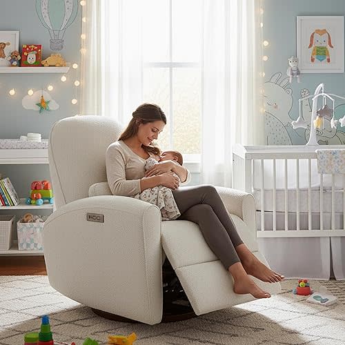 Watson & Whitely Power Recliner Chairs, Swivel Nursery Recliner Glider with Pillow Lumbar Support & Solid Wood Base for Living Room, Cream
