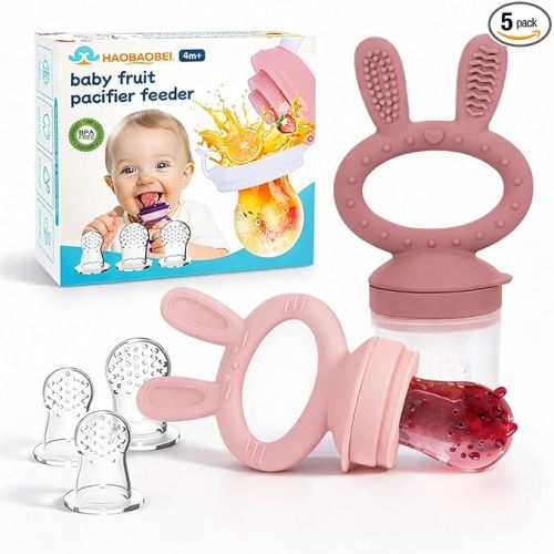 Baby Fruit Feeder Pacifier 2 Pack, Silicone Baby Food Feeder, Pink Bunny Feeder for Babies 4M+, Frozen Fruit Feeder Teething Toy, BPA Free for Fresh Fruit, Veggies & Breastmilk