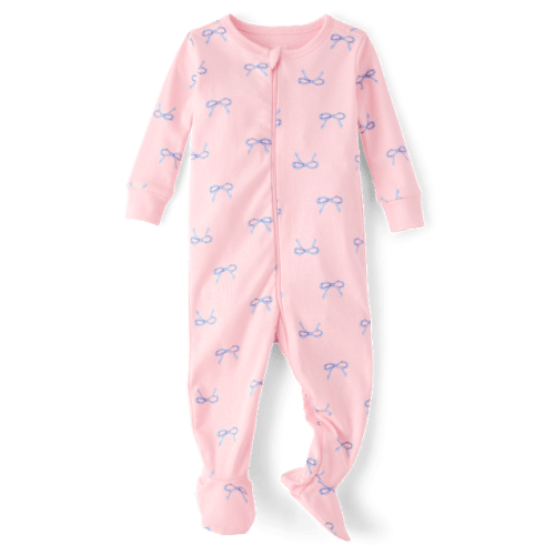 Baby And Toddler Girls Bow Snug Fit Cotton Footed One Piece Pajamas - Pink