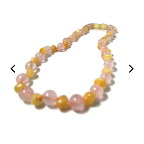 Baltic Amber Teething Necklace Rainbow Milk Pink Rose Quartz 12.5