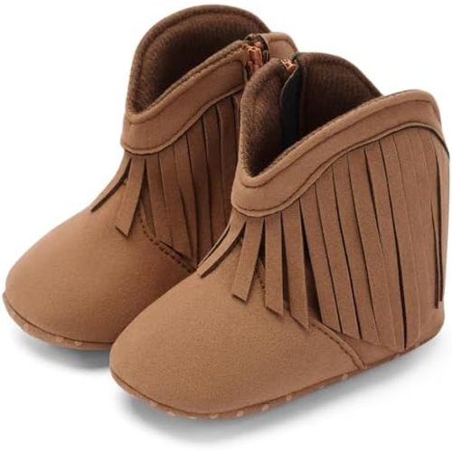 BACSAC Baby Girls Tassel Boots Zipper Infant Western Cowboy Boots Non Slip Toddler Short Boots Soft Comfort First Walker Suede Booties