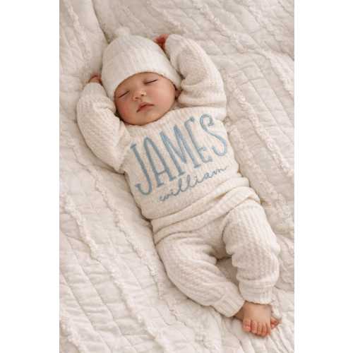 Handmade Embroidered Baby Boy Outfit: Ivory Waffle Knit Sweater Set