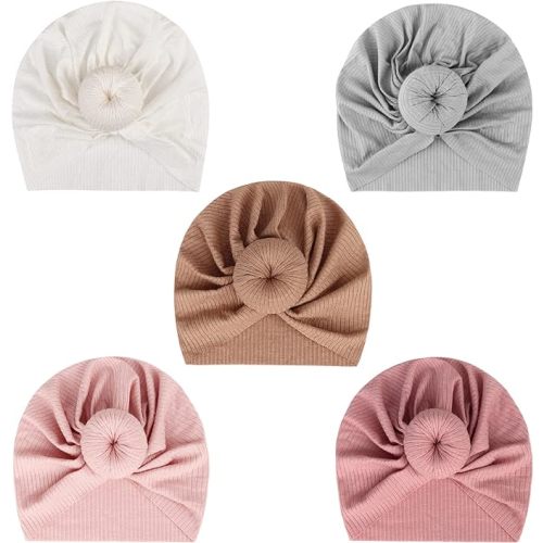 DRESHOW BQUBO 5 Pieces Baby Turban Hats Turban Bun Knot Baby Infant Beanie Baby Girl Soft Cute Toddler Cap