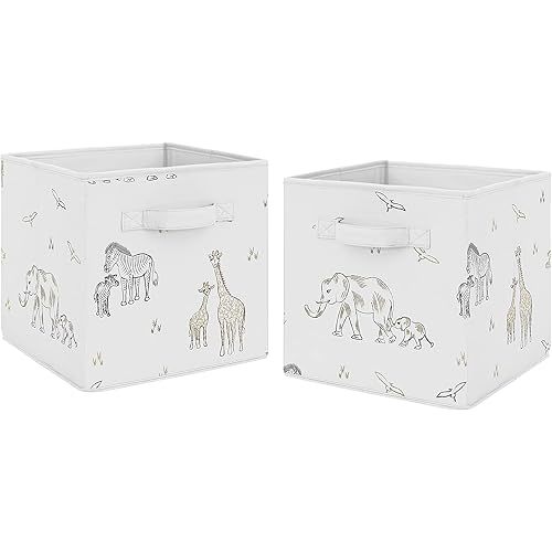Sweet Jojo Designs Jungle Safari Animals Foldable Fabric Storage Cube Bins Boxes Organizer Toys Baby Taupe Black and White Gender Neutral Elephant Giraffe Wildlife Adventure Zebra Serengeti - Set of 2