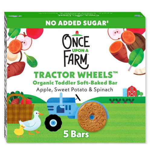 Once Upon a Farm Organic Tractor Wheels Toddler Bar, Apple, Sweet Potato & Spinach 5 Count