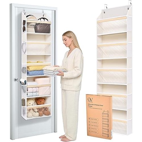 Ultra-Thin 5 Tiers Over the Door Organizer Hanging with 10 Side Pocket for Narrow Gaps,44lbs Behind the Door Storage Closet Bathroom Door Organizer,Back of Door Organizer,Beige