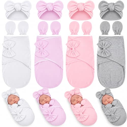 4 Pack Baby Swaddle Blanket with Hats Mittens, 0-3 Months, Pure Style | Soft 100% Cotton for Infant Boys Girls, Adjustable Wrap for Newborns Gifts, Turban Cap Featuring Bow, No Scratch Mittens