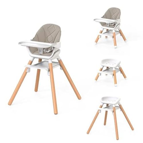 DDIOYIUR 6-in-1 Convertible Baby High Chair, Beech Wood Legs, Champagne