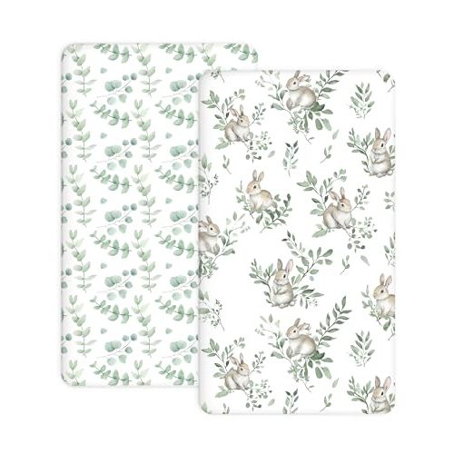Crib Sheets for Boys and Girls, 2 Pack Fitted Baby Sheets for Standard Toddler Mattress 28" x 52", Soft Breathable Jersey Knit Baby Bedding (Bunny Meadow)