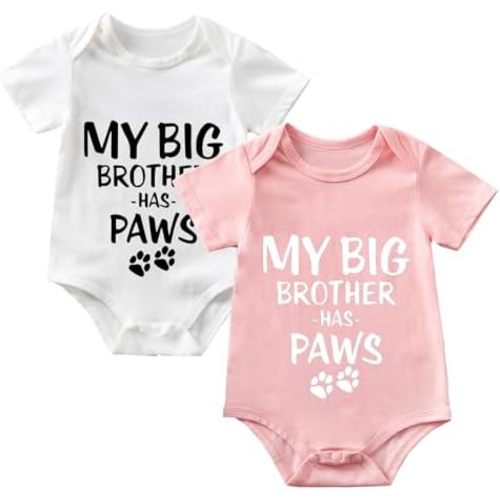 My Big Brother Has Paws Baby Boy Girl Onesie Funny Unisex Infant Bodysuit Romper Clothes 0-12 months (2-Pack)