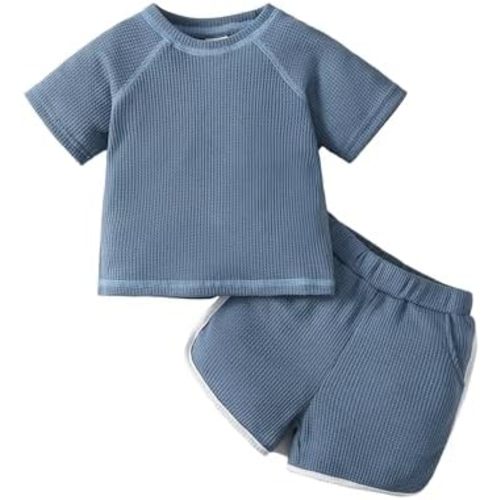 Renotemy Toddler Baby Boy Boy Summer Clothes Waffle Short Sleeve T-Shirt +Short Pants Two Piece Solid Outfit Sports Short Set