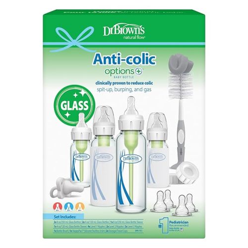 Dr. Brown's Anti-Colic Options+ Narrow Glass Baby Bottle Starter Set with Level 1, 2, and 3 Nipples, Silicone Sleeves, Soft-Touch Brush, Travel Caps, and HappyPaci, 0m+ (Packaging May Vary)