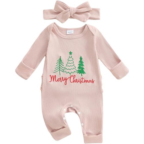 First Christmas Baby Girl Outfit Xmas Tree and Santa Print Onesie Long Sleeve Knit Romper Jumpsuit with Headband