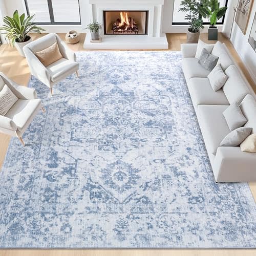 8x10 Area Rugs for Living Room, Large Washable Vintage Blue Living Room Rug, Soft Non-Slip Stain Resistant Throw Carpets for Dining Room Bedroom Office Farmhouse Home Decor, Blue