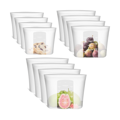12-Pack Reusable Silicone Food Storage Bags, 100% Silicone Stand-Up Wide-Open Zip-Lock Reusable Storage Bags for Food, Freezer Microwave Oven Dishwasher Safe, Translucent, 4L 4M 4S