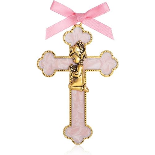 KOMI Baptism Gifts for Girls Pink Enamel Baby Wall Cross Christening Gifts Praying Girl Cross Christening and Dedication Baptismal Gifts from Godmother