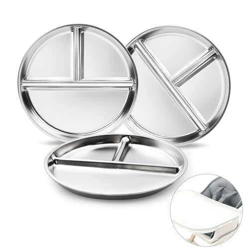 Bakpoco Stainless Steel Kids Plates 3 Packs, 8" Divided Toddlers Portion Control Plate, Non Toxic & BPA Free |Unbreakable |Dishwasher Safe Baby Snack Dish for Solid Starts Self-Feeding