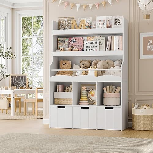 HITHOS 55.3" H Kids Bookshelf with Toy Storage Organizer, Tall Book Shelf with 3 Movable Toy Storage Bins, Large Kids Bookcase with Toy Chest, 39.2" W Modern Toy Box for Kid Room, Playroom, White