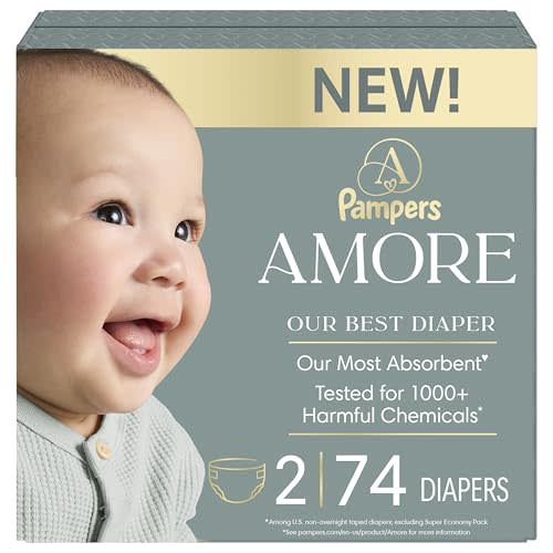 Pampers Amore, Size 2 (10-22 lbs), 74 Count, Our Best Diaper – Hypoallergenic & Fragrance Free, Up to 100% Leakproof, Soft as Cashmere