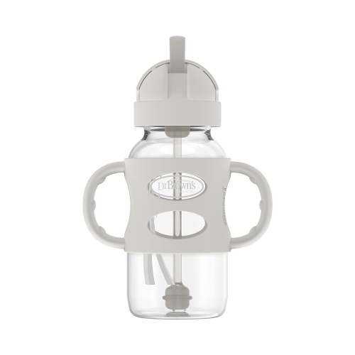Dr. Brown's Milestones Wide-Neck Sippy Straw Bottle, 100% Silicone Handles, 9oz/270ml, 6m+, Gray